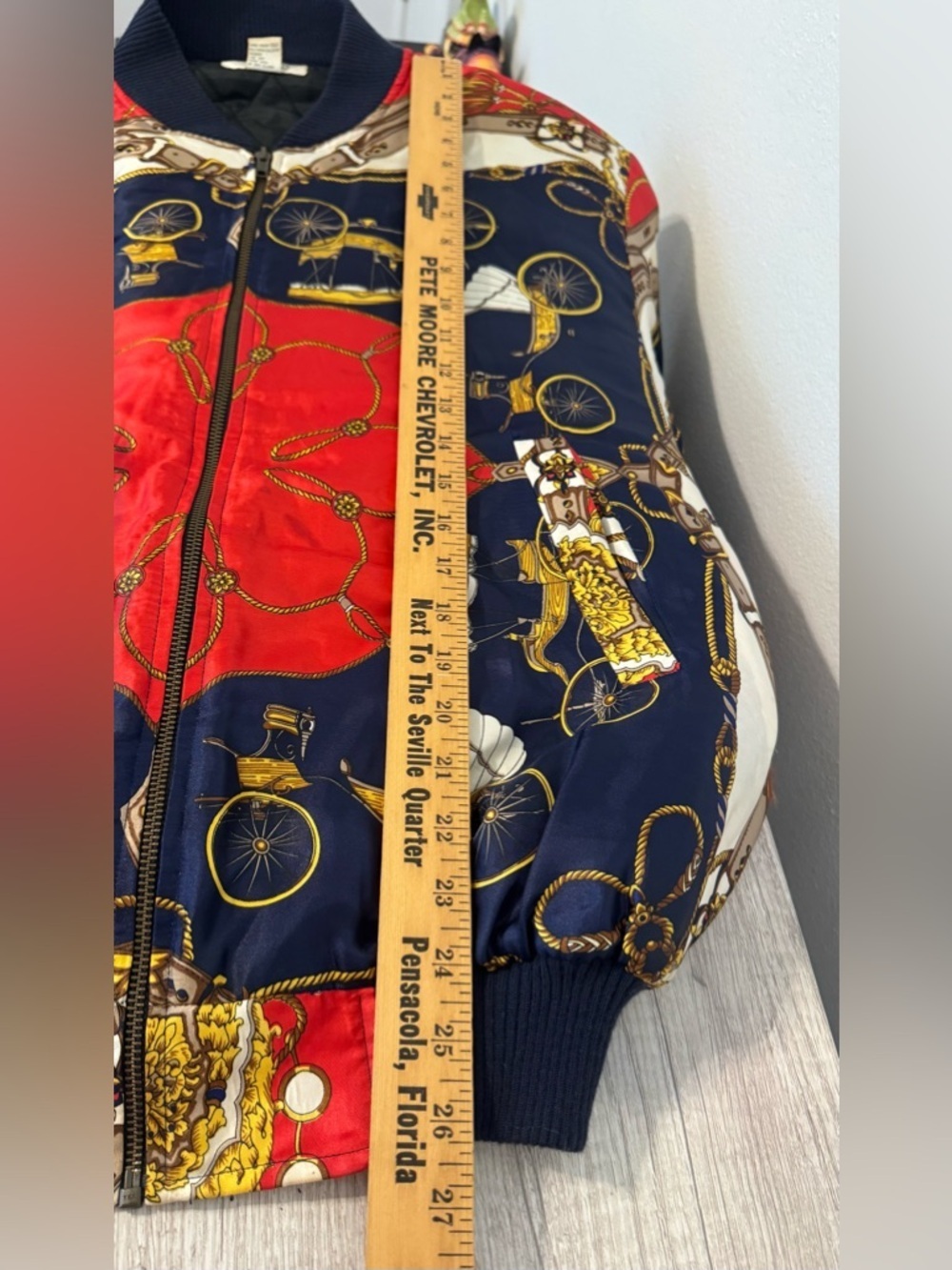 Vintage Angela Tong Bomber Jacket Equestrian Scarf Print Red Navy Retro M *READ* - Picture 11 of 13